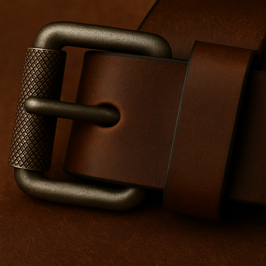 Close-up of a brown leather belt with a metal buckle on a dark brown background