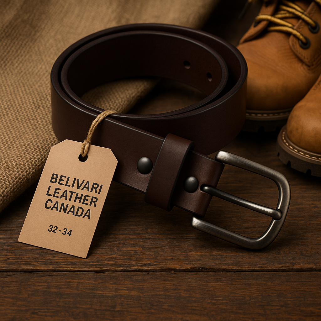 Brown leather belt with a tag on a wooden surface, next to brown shoes.