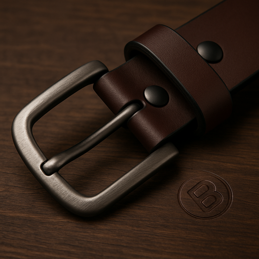 Brown leather belt with a silver buckle on a wooden surface