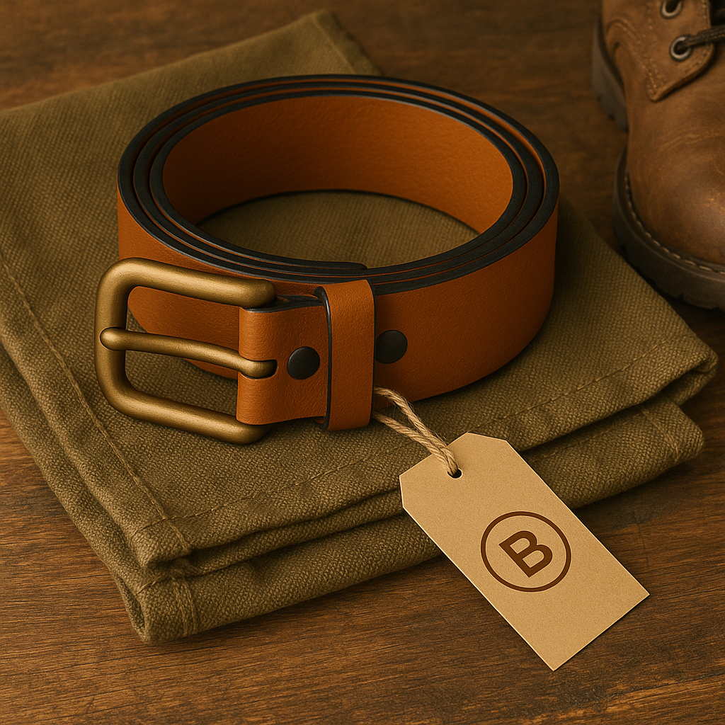 Brown leather belt with gold buckle on folded green fabric with a brand tag, on a wooden surface.