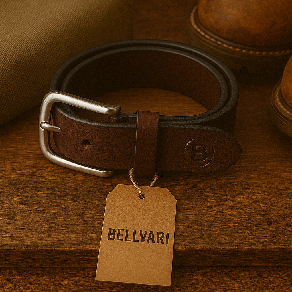 Brown leather belt with a silver buckle on a wooden surface, accompanied by a 'BELLVARI' tag.