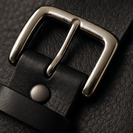 Close-up of a black leather belt with a silver buckle on a dark background