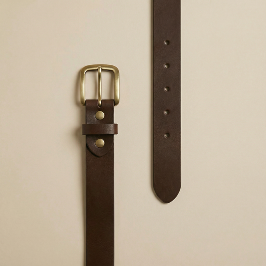 Bellvari Tradesman brown leather belt with brass buckle on a beige background.