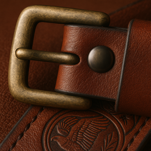 Close-up of a brown leather belt with an embossed design and brass buckle.