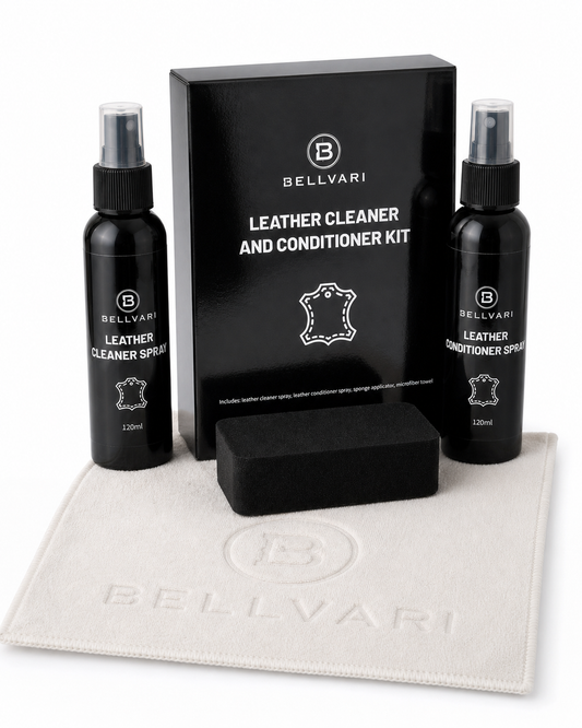 Bellvari leather cleaner and conditioner kit with two spray bottles, a block, and a towel on a white background.