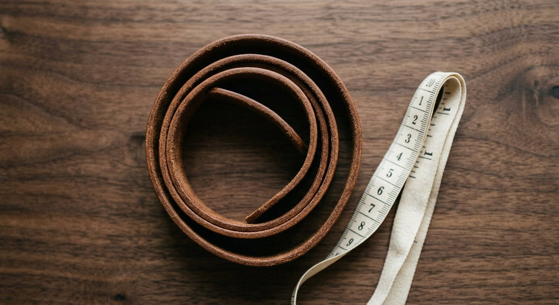 A full-grain leather belt strap coiled on a walnut surface beside a cloth tape measure.