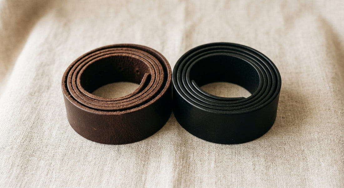 Two full-grain leather belt straps, one brown and one black, coiled side by side on linen.