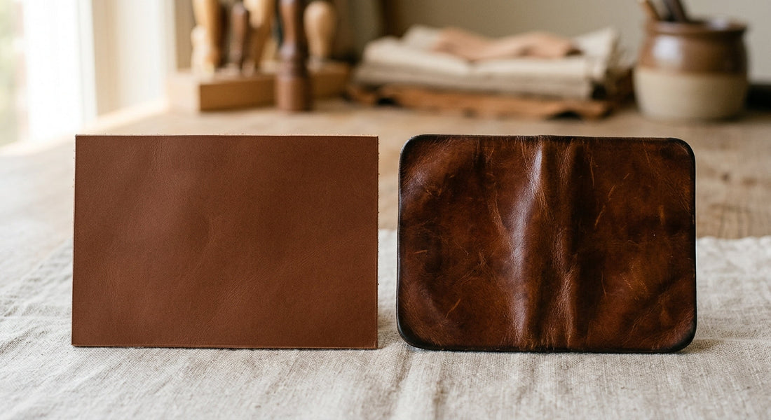 Two pieces of the same brown full-grain leather: one new, one aged to a deeper burnished patina.