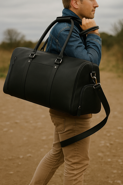Man carrying a black duffel bag in an outdoor setting