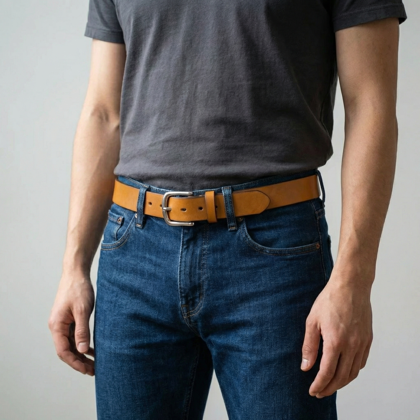 Bellvari Buckhorn leather belt buckle close-up.
