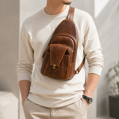 Man wearing the Crazy Horse Brown Metro sling across his chest over a cream sweater — view 7