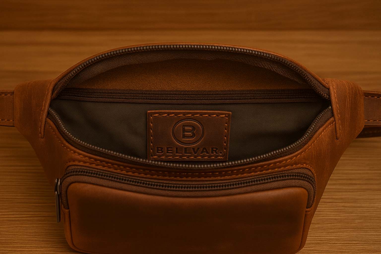 Brown leather waist bag with visible brand logo on a wooden surface