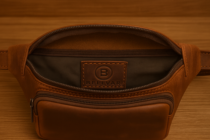 Brown leather waist bag with visible brand logo on a wooden surface