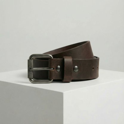 Bellvari Timberline brown leather belt with gunmetal buckle, top view.
