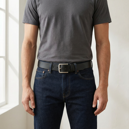 Bellvari Tradesman black leather belt full-length view.