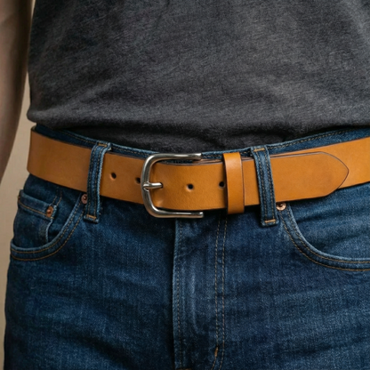 Bellvari Buckhorn leather belt full-length view.