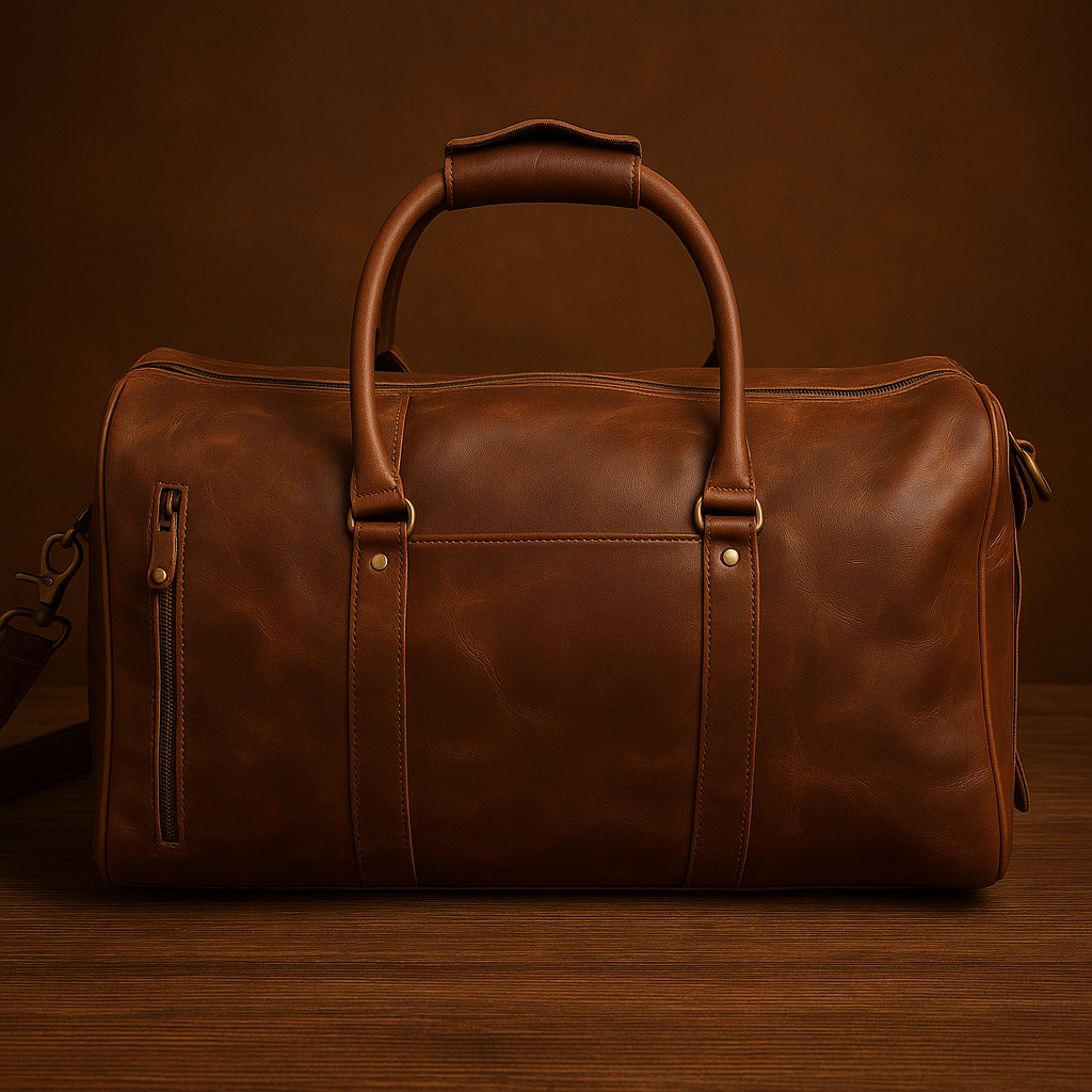 Brown leather duffel bag on a wooden surface with a brown background