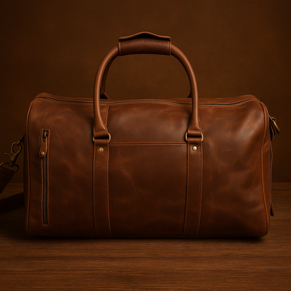 Brown leather duffel bag on a wooden surface with a brown background