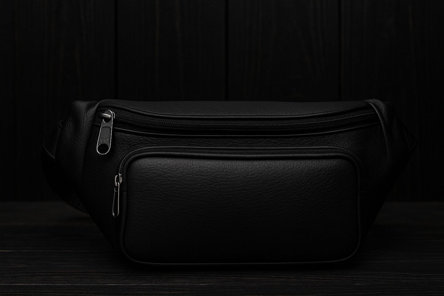 Black leather waist bag on a dark wooden background