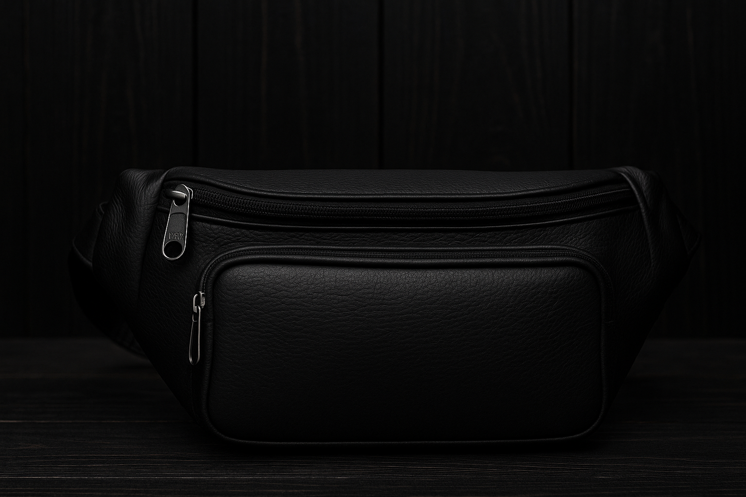 Black leather waist bag on a dark wooden background