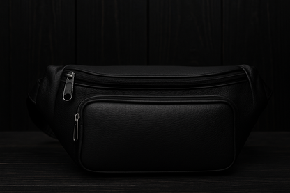 Black leather waist bag on a dark wooden background