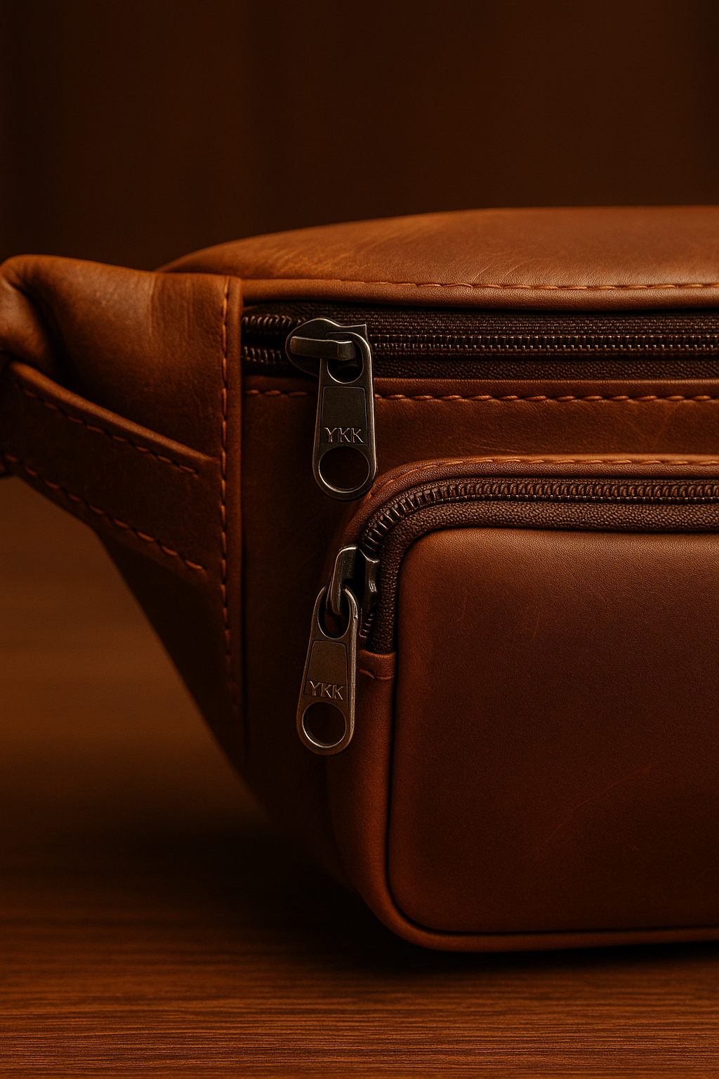 Brown leather fanny pack with zippers on a wooden surface