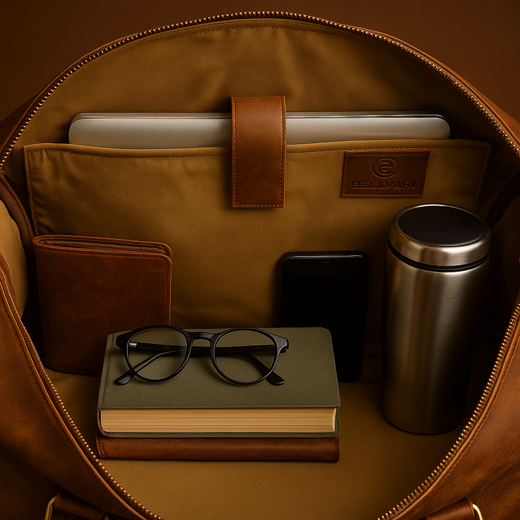 Brown leather bag with items including a notebook, glasses, and a thermos.