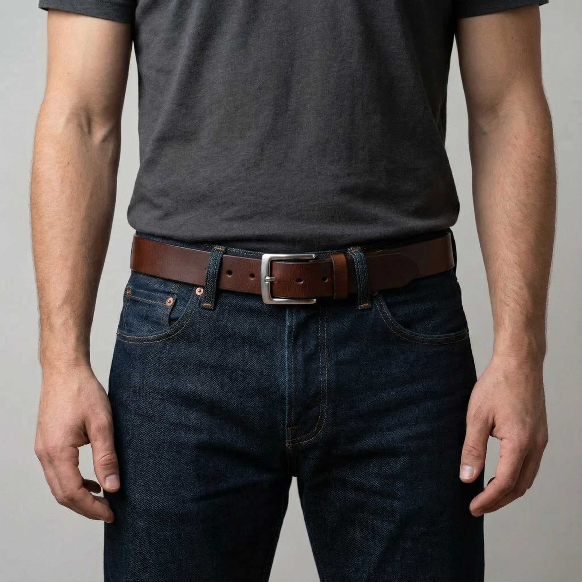 Bellvari Trailblazer leather belt full-length view.