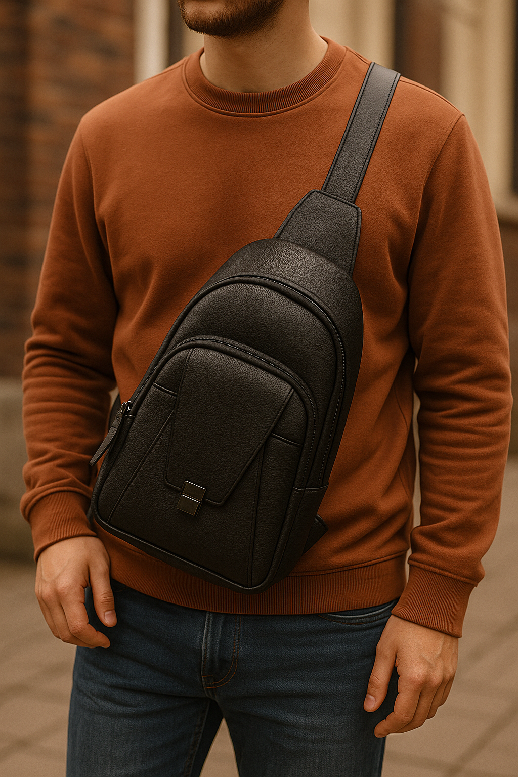 Person wearing a brown sweater with a black sling bag over one shoulder.
