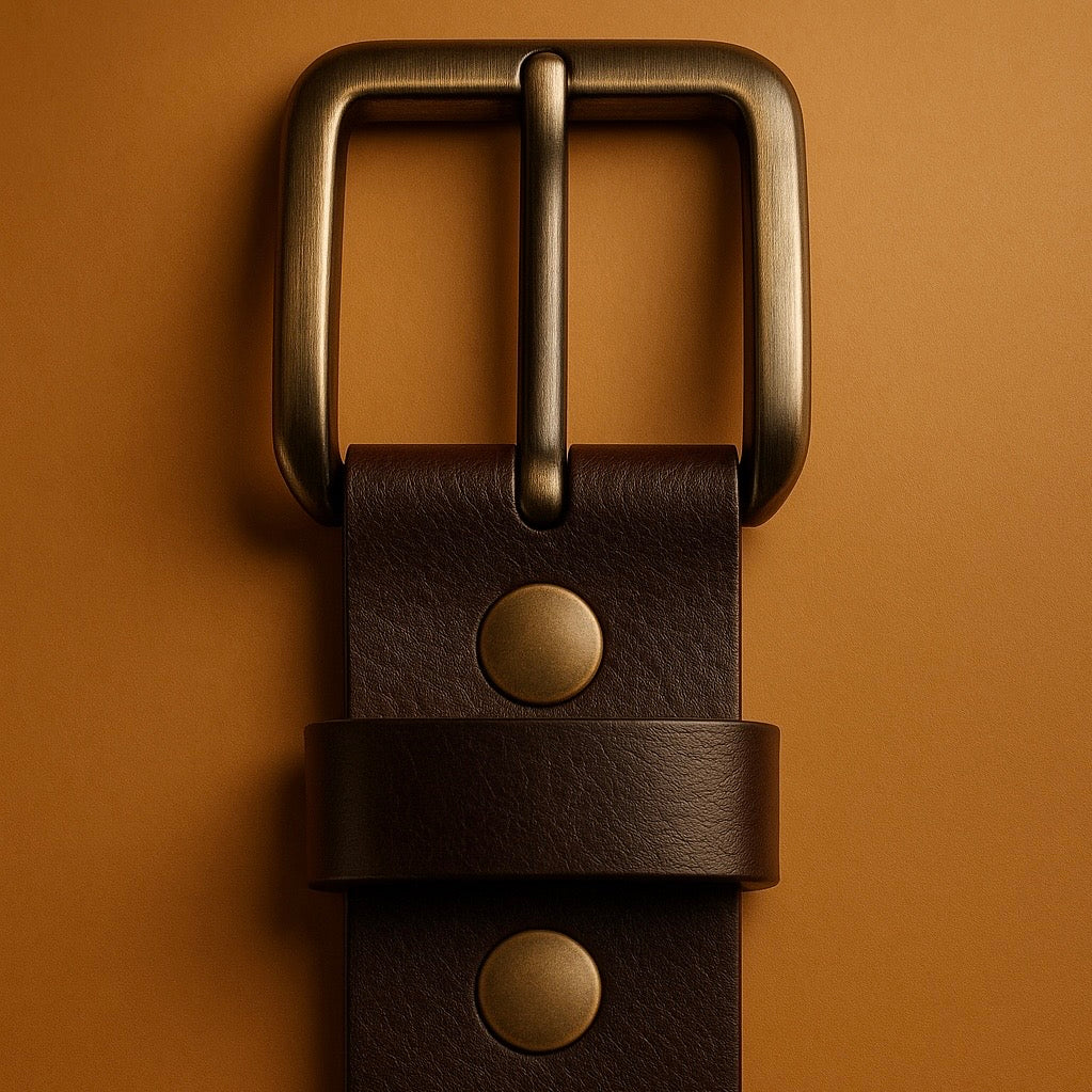 Brown leather belt with brass buckle on a brown background