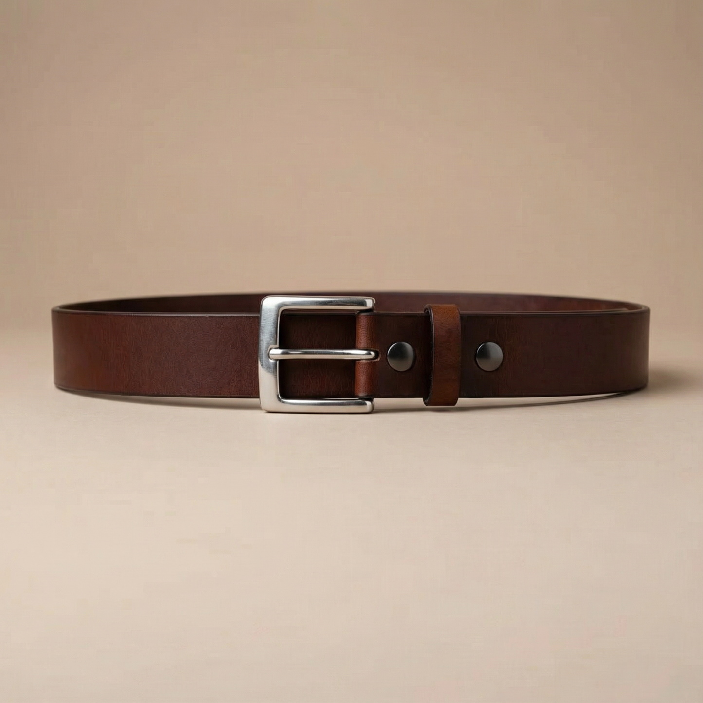 Bellvari Trailblazer leather belt with satin-nickel buckle, side view.