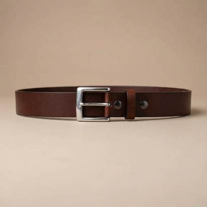Bellvari Trailblazer leather belt with satin-nickel buckle, side view.