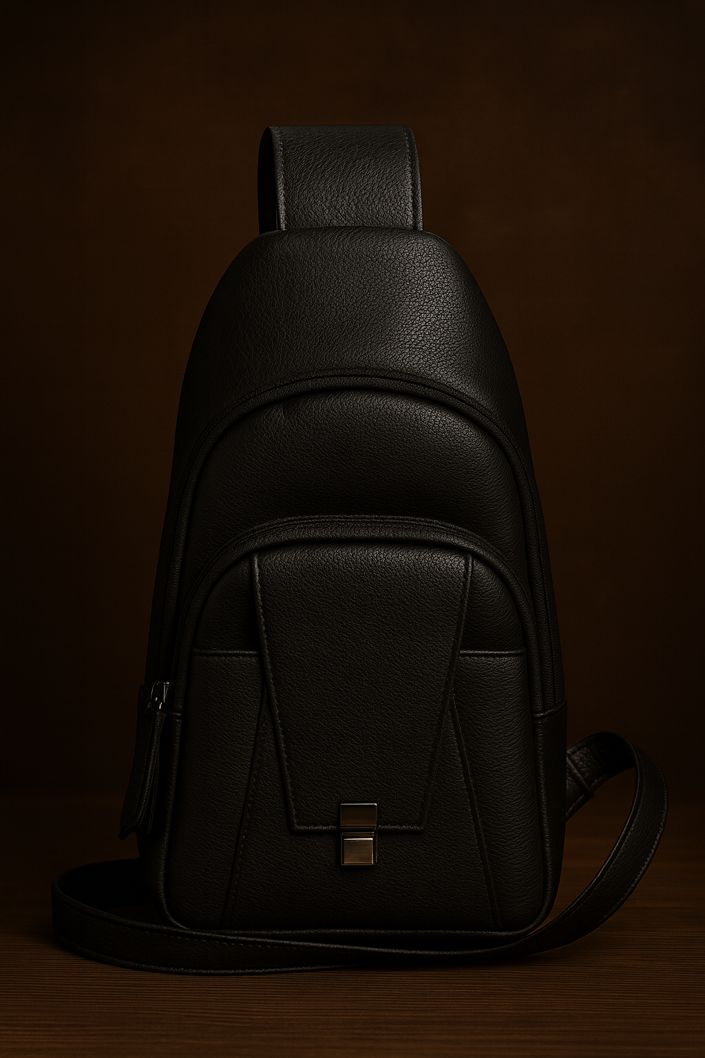 Black leather sling bag on a dark background