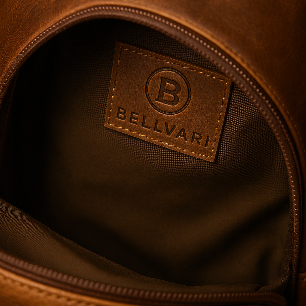 Brown leather bag with a visible 'BELLVARI' logo.