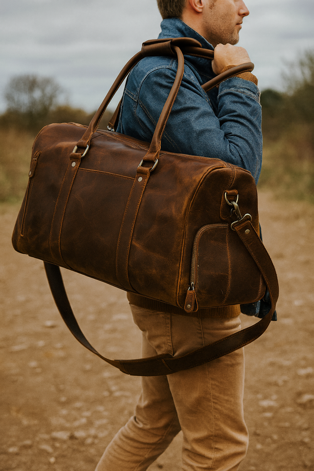Man carrying a brown leather duffel bag in an outdoor setting