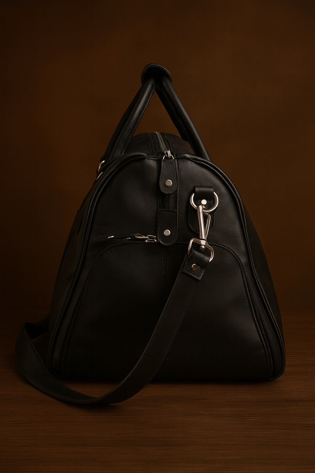 Black leather bag with a strap on a brown background
