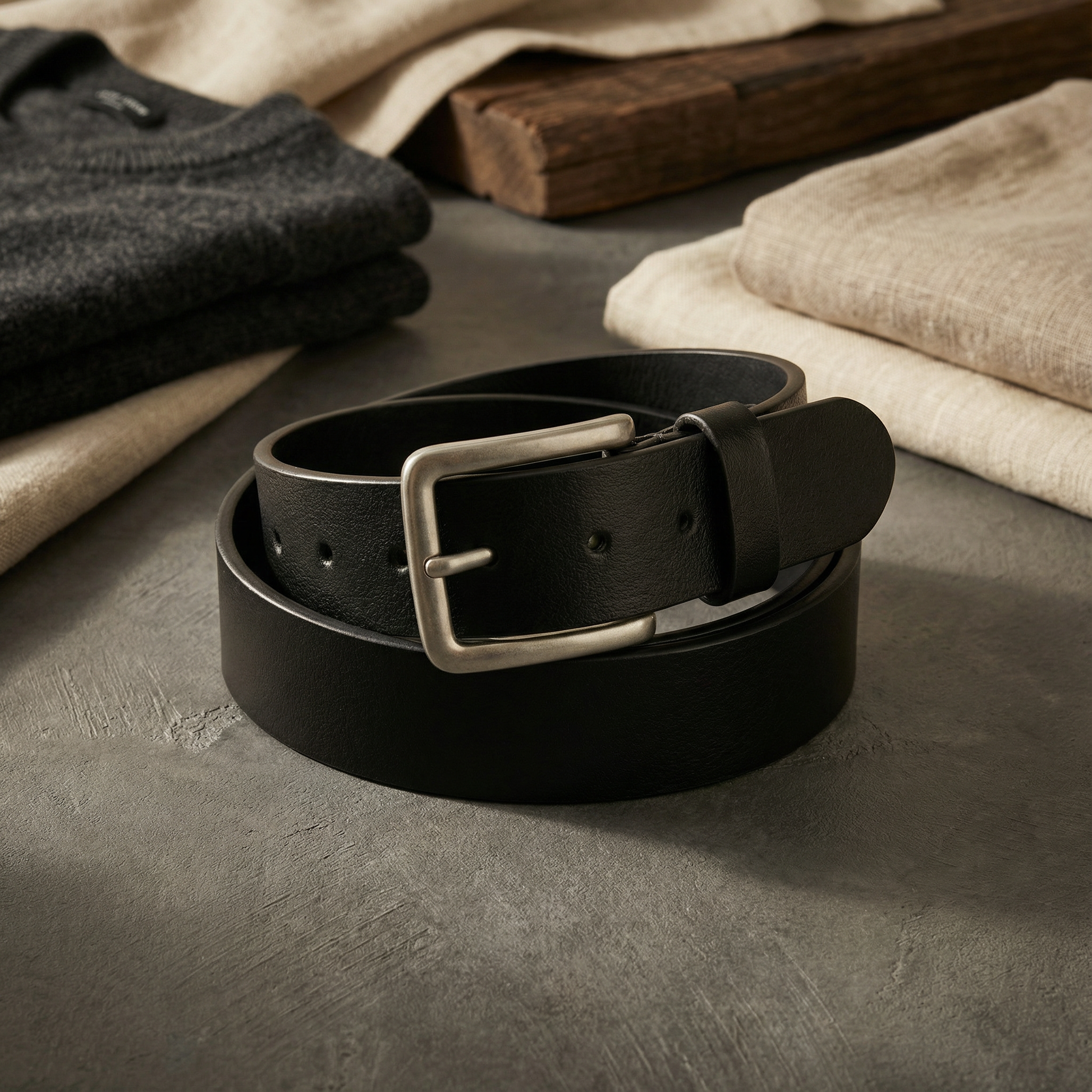 Bellvari Tradesman black leather belt rolled, showing thickness.