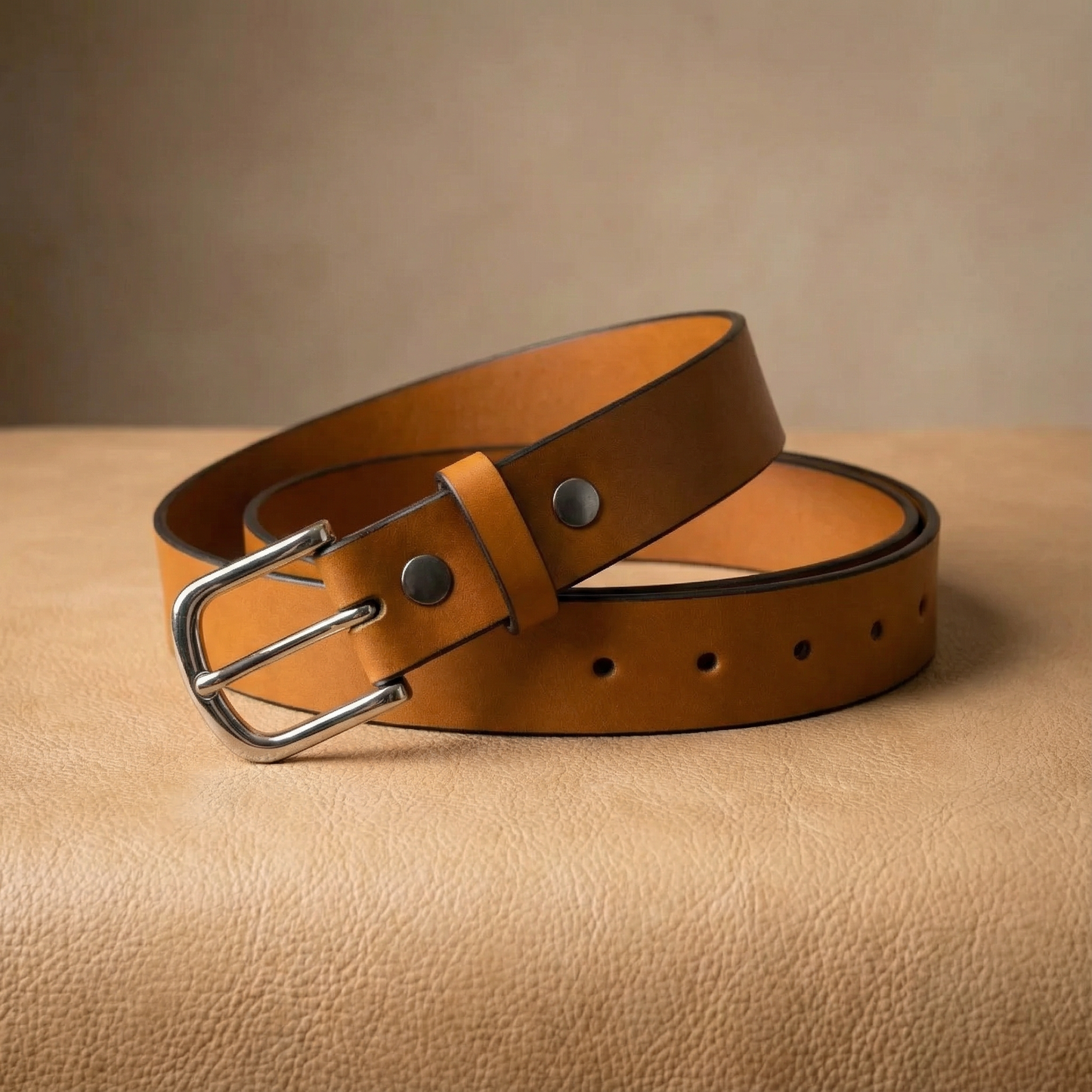 Bellvari Buckhorn leather belt rolled, showing rich tan tone.