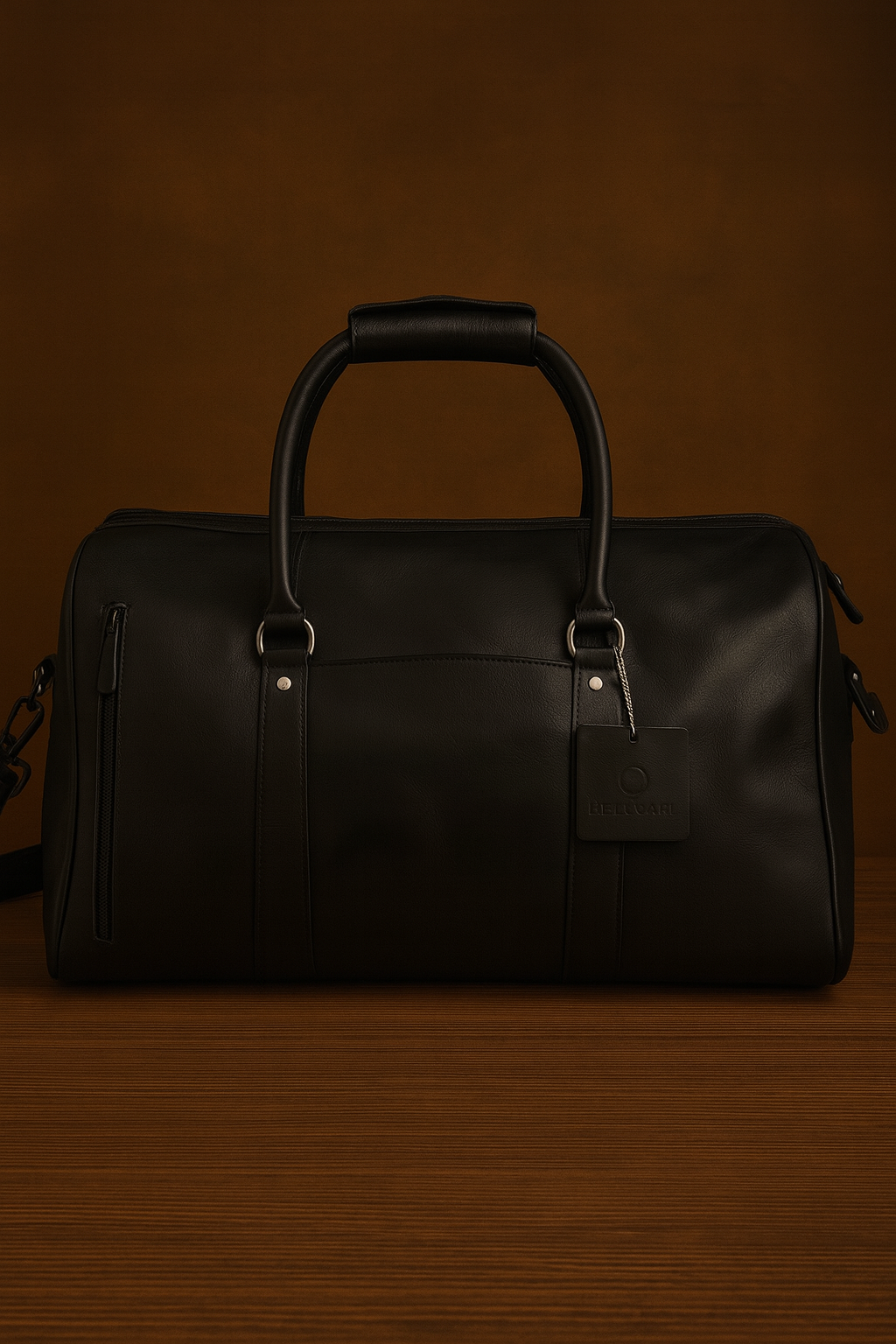 Black leather duffel bag on a dark brown background