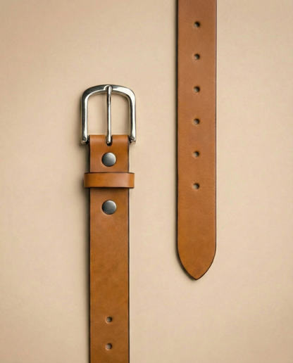 Bellvari Buckhorn honey-tan leather belt detail shot.