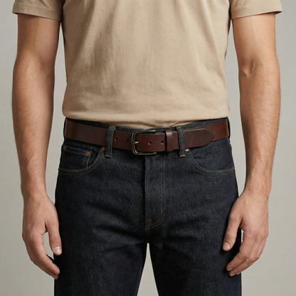Bellvari Nightfall black leather belt edge detail.