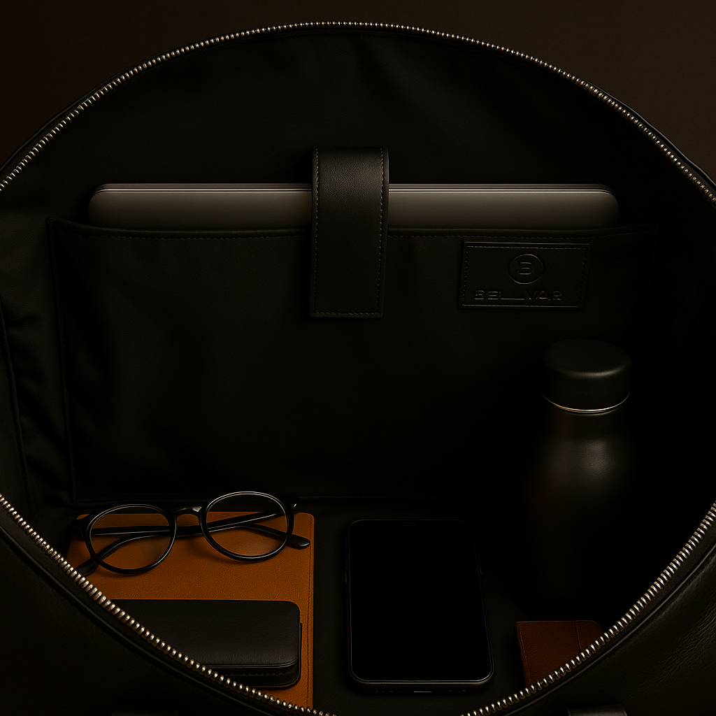 Black leather bag with a phone, glasses, and water bottle on a dark background