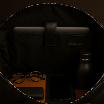 Black leather bag with a phone, glasses, and water bottle on a dark background
