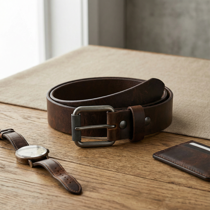 Bellvari Timberline brown leather belt detail showing knurled buckle and stitching.