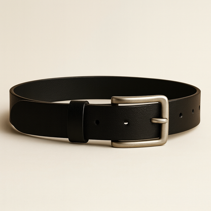 Black leather belt with a silver buckle on a beige background