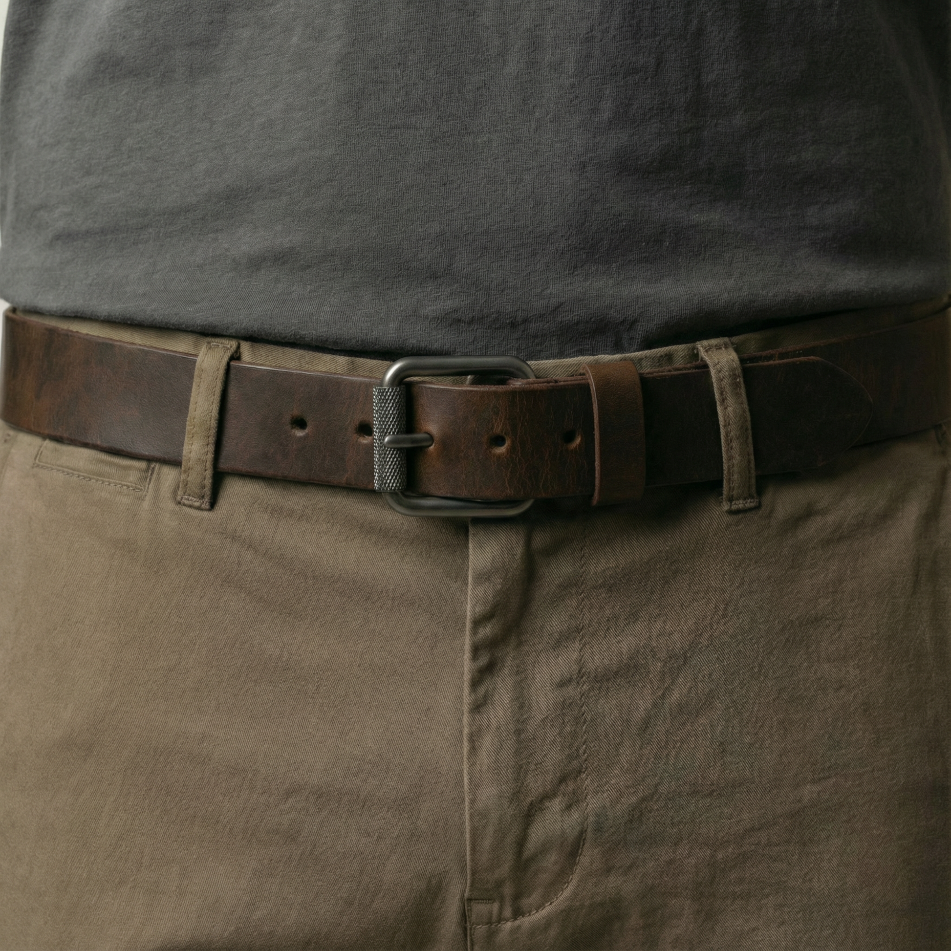 Bellvari Timberline brown leather belt rolled, showing matte finish and edge dye.