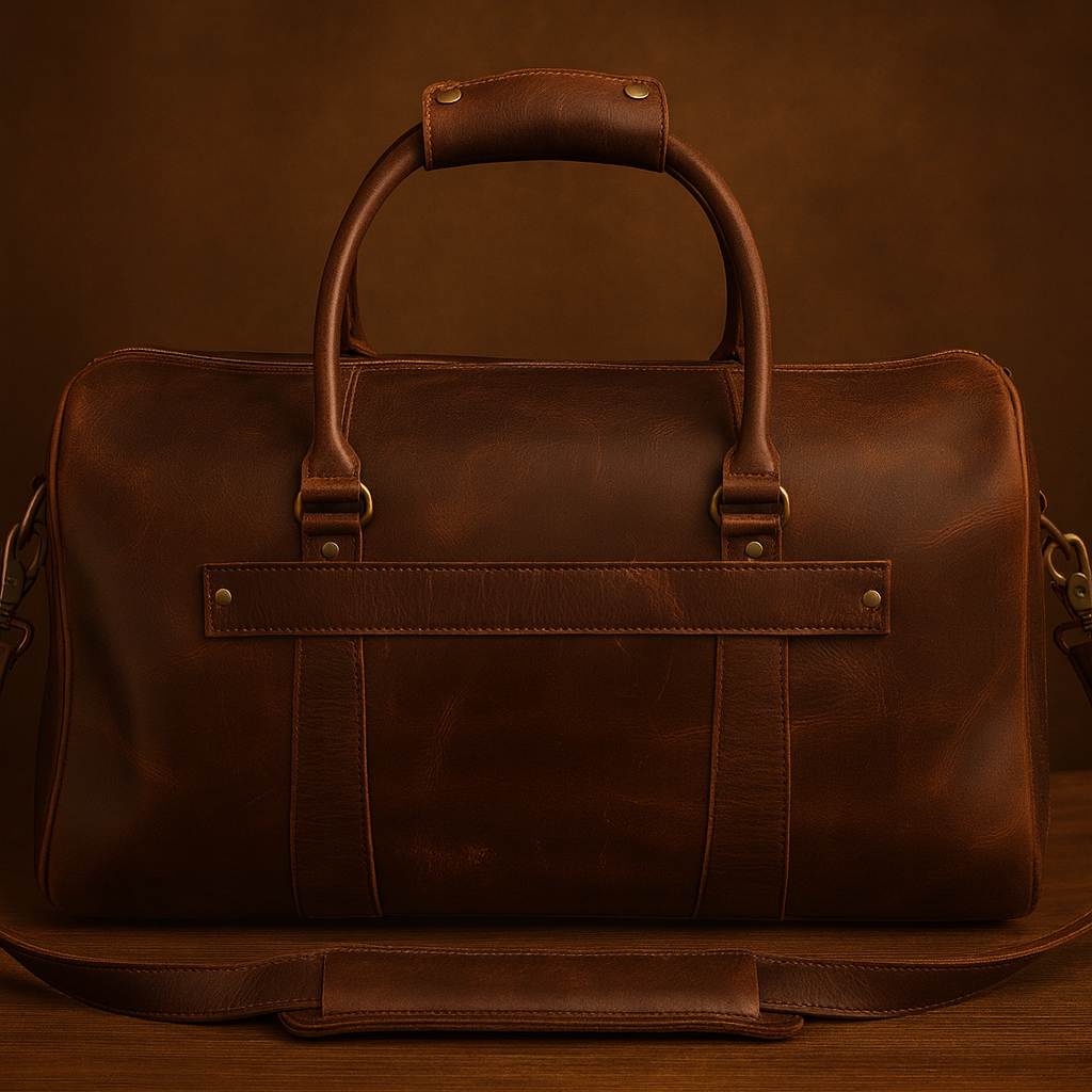 Brown leather duffel bag on a brown background