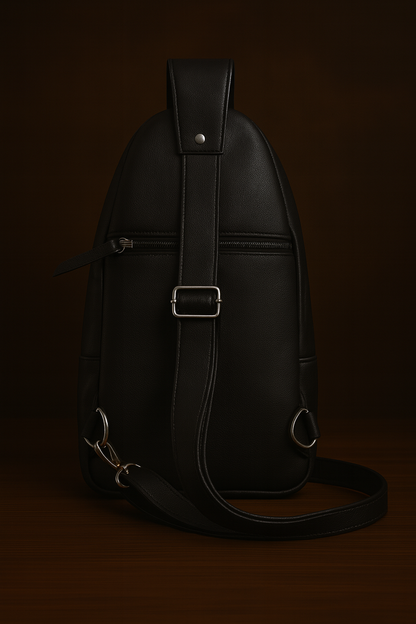 Black leather backpack on a dark background