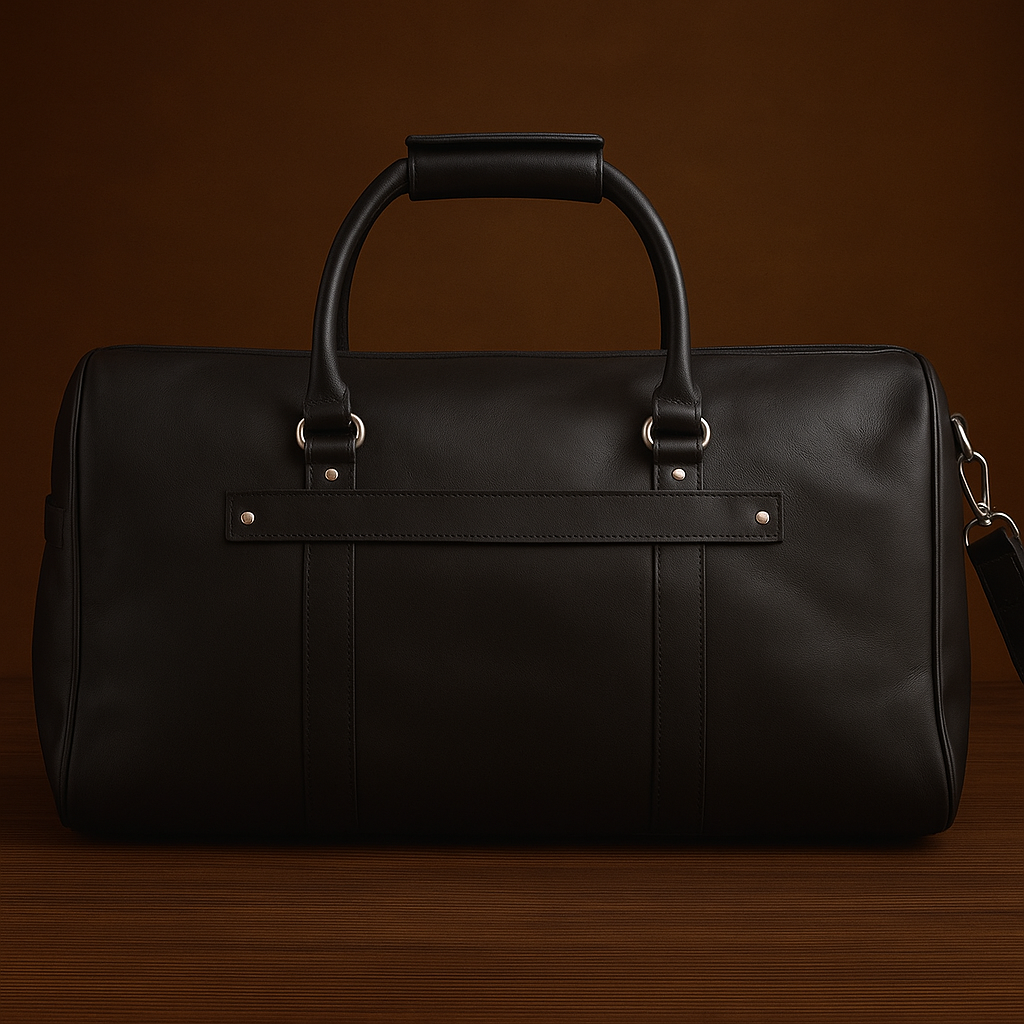 Black leather duffel bag on a brown background