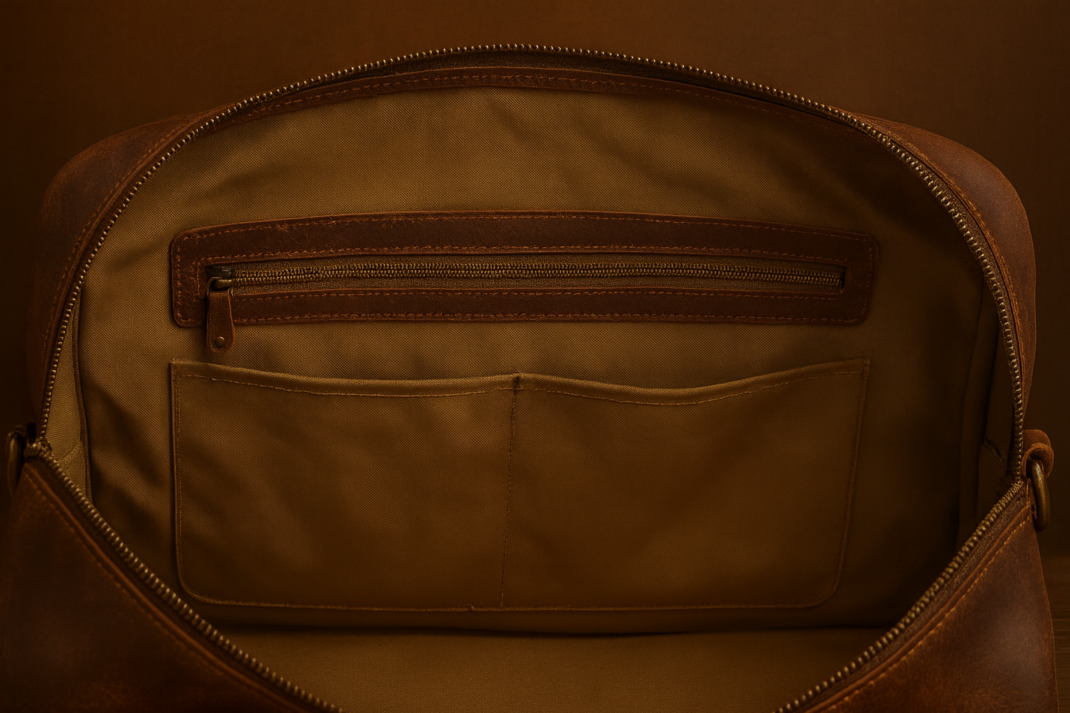 Brown leather duffel bag with a visible zipper on a brown background